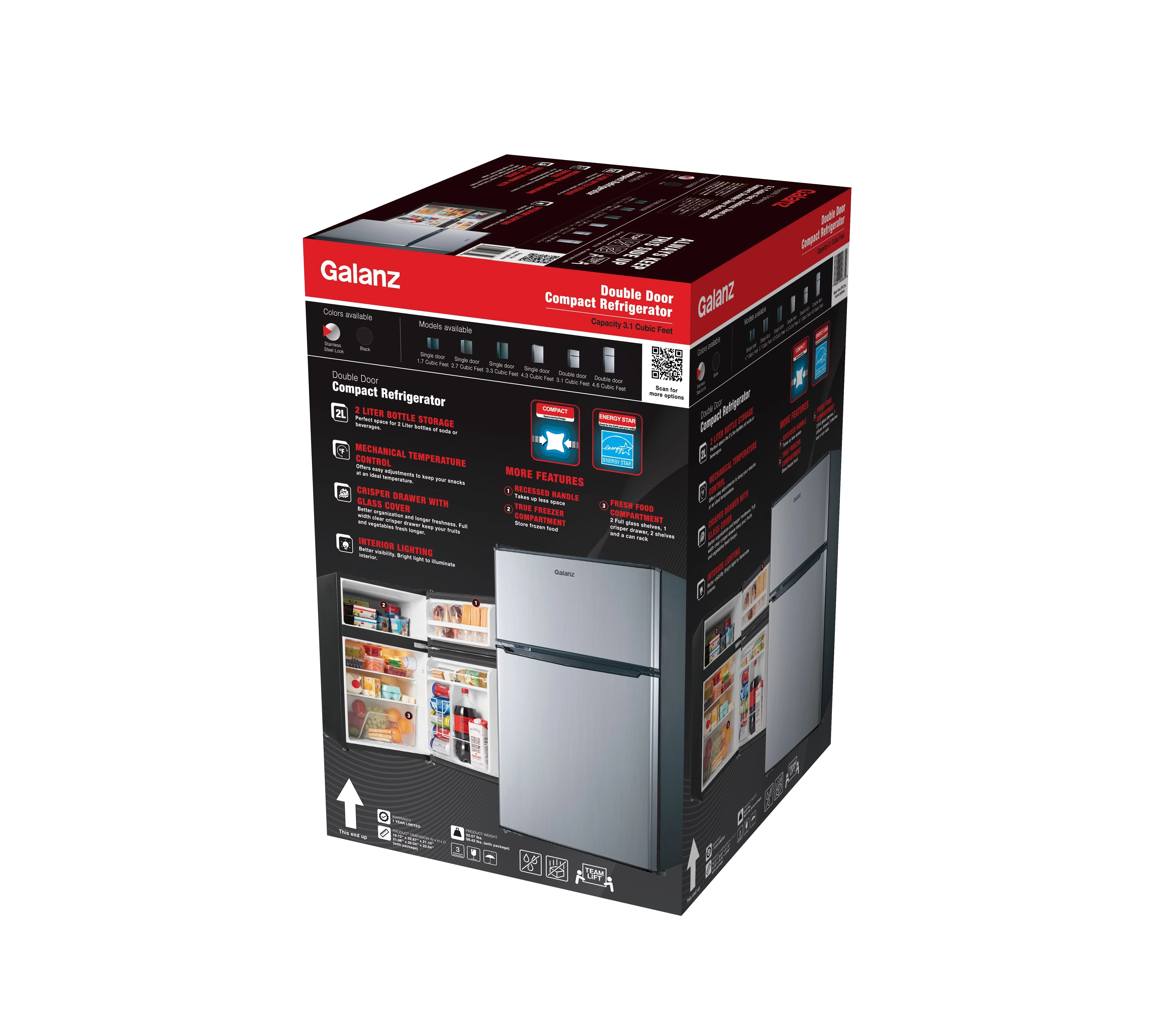 Galanz 3.1 Cu ft Two Door Mini Fridge with Freezer, Stainless, Estar, New