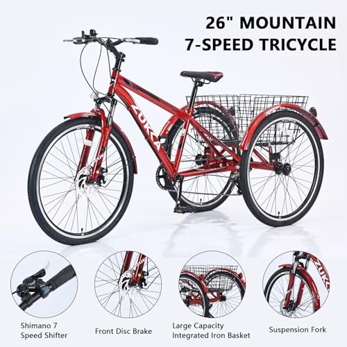 Adult Tricycle Bike,7-Speed Mountain Tricycle,26-Inch 3 Wheels,Comfortable Widen Saddle,Rear Integrated Shopping Basket