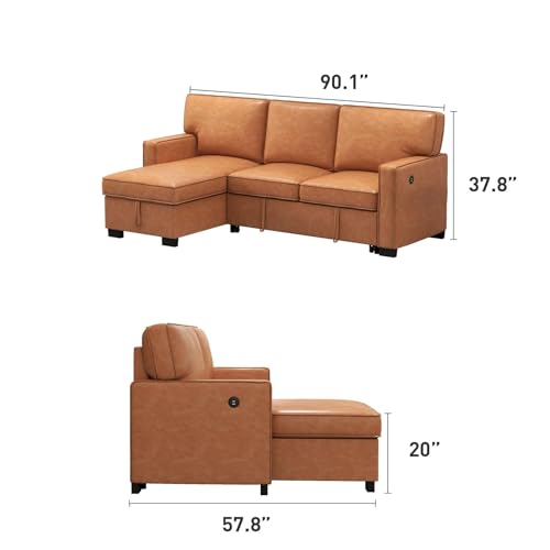 Convertible Sleeper Sofa 3 in 1, Chenille Modern L-Shaped Couches for Living Room, Pull Out Sectional Futon Sofa Bed with Storage Space, USB Ports and Cup Holders for Bedroom, Grey