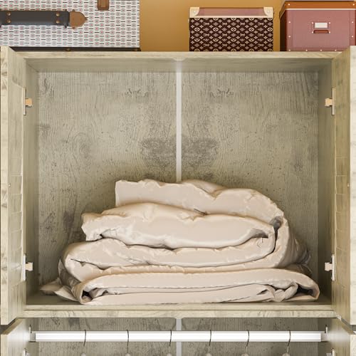 ECACAD Extra Tall Wardrobe Armoire with Top Cabinet, 10 Shelves, 4 Drawers, Hanging Rod & 8 Louver Doors, Wooden Closet Storage Cabinet for Bedroom, Light Brown (59”W x 19”D x 94.5”H)