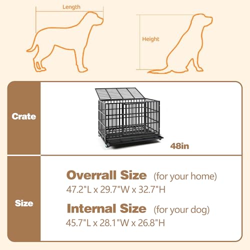 48 Inch Heavy Duty Indestructible Dog Crate Steel Escape Proof, Indoor Double Door High Anxiety Cage, Kennel with Wheels, Removable Tray, Extra Large XL XXL