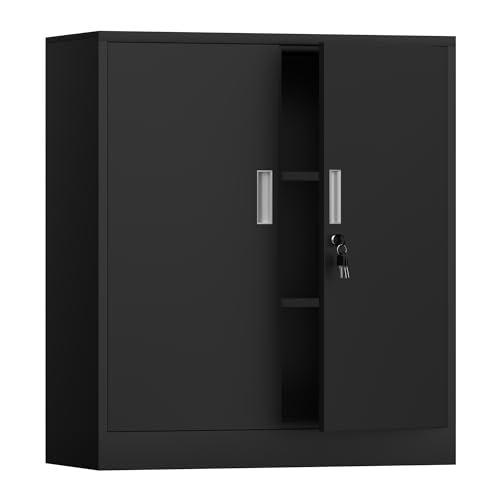 Metal Storage Cabinet with Locking Doors and 2 Adjustable Shelves, Small Lockable Storage Cabinet for Home Office Garage (Black)