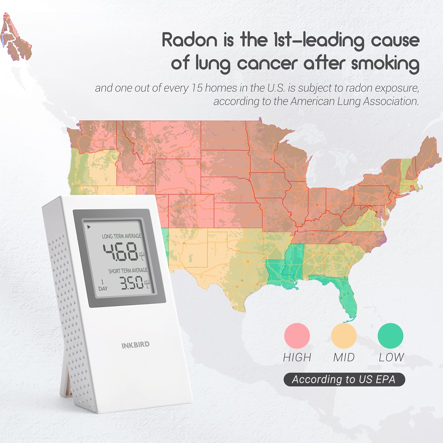 INKBIRD Home Radon Detector, Portable Radon Meter Battery Operated, US Version-Pci/L (White)