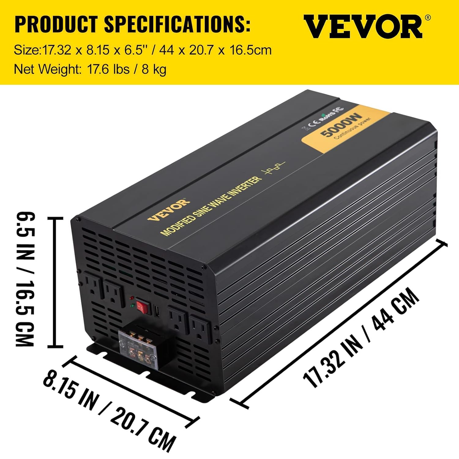 VEVOR Power Inverter, 5000W Modified Sine Wave Inverter, DC 12V to AC 120V Car Converter, with LCD Remote Controller, LED Indicator, AC Outlets Inverter for Truck RV Car Boat Travel Camping Emergency
