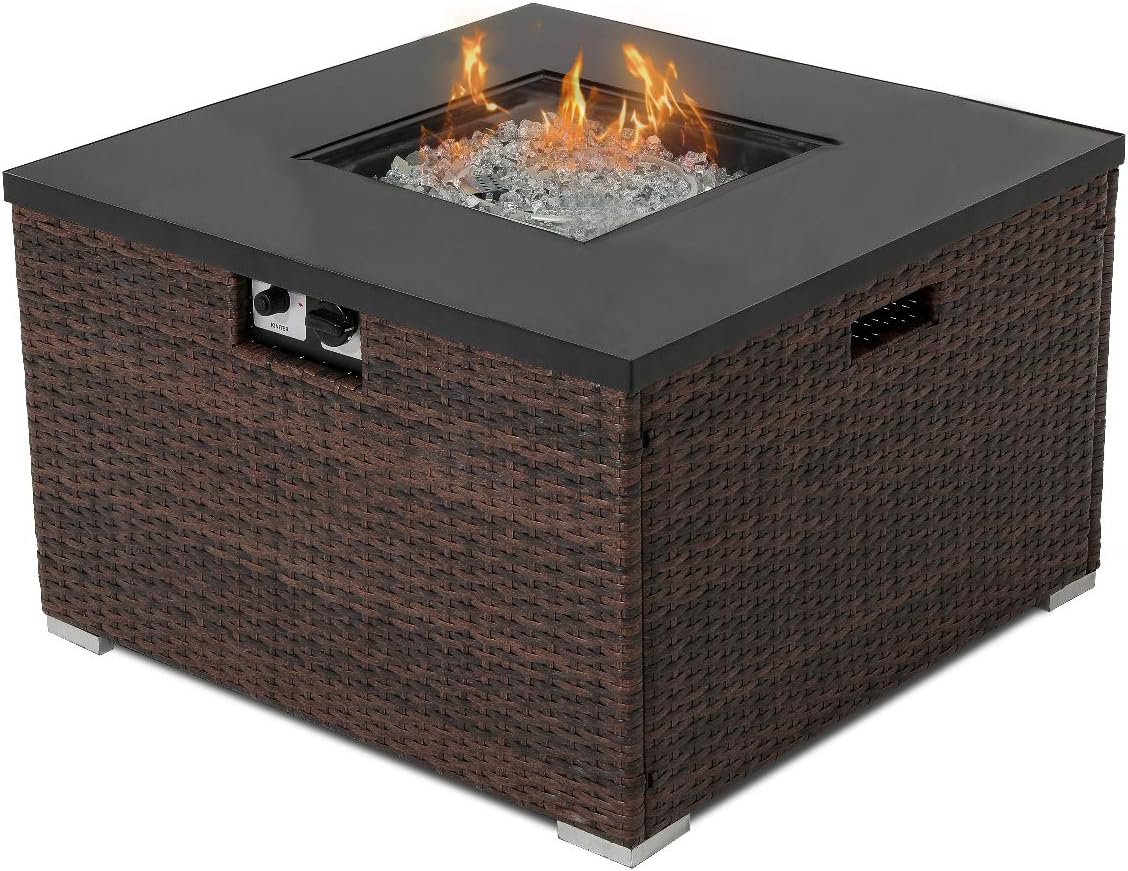 COSIEST Outdoor Propane Fire Pit 32-inch Square Espresso Brown Wicker Fire Table, 40,000 BTU Stainless Steel Burner,Fits 20lb Tank Outside, Free Lava Rocks and Cover