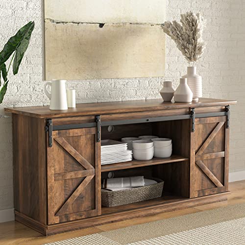 YESHOMY Farmhouse TV Stand for Televisions up to 65 Inches, Sliding Barn Doors and Storage Cabinets, Console Table and Media Furniture for Living Room, 58 Inch, Milk White