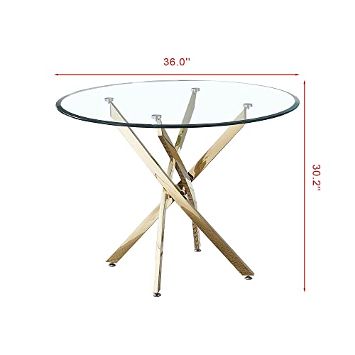 Glass Dining Table Set for 4, 5 Piece Kitchen & Dining Room Set, Modern Kitchen Table and Chairs Set with 36" Round Glass Table and 4 White Silver PU Leather Chairs for Dining Room Kitchen