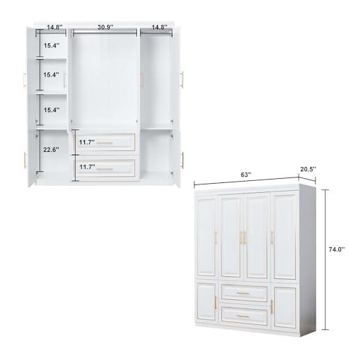 WRR 74" Bedroom Armoire Wardrobe Closet Cabinet with Drawers,3 Doors Wooden Wardrobe Closet with 2 Drawers & Hanging Rod Wooden Closet Cabinet for Large Capacity, Tall Wardrobe Storage Cabinet White
