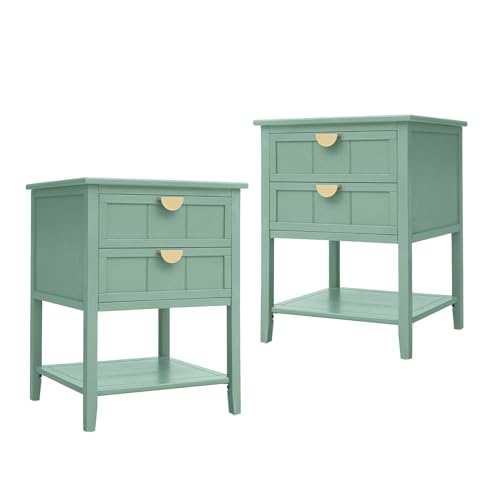 Small Nightstand End Table - Bedside Table with 2 Drawers, Wood Night Stand with Storage Shelf, Narrow End Tables for Bedroom (Green Set 1)
