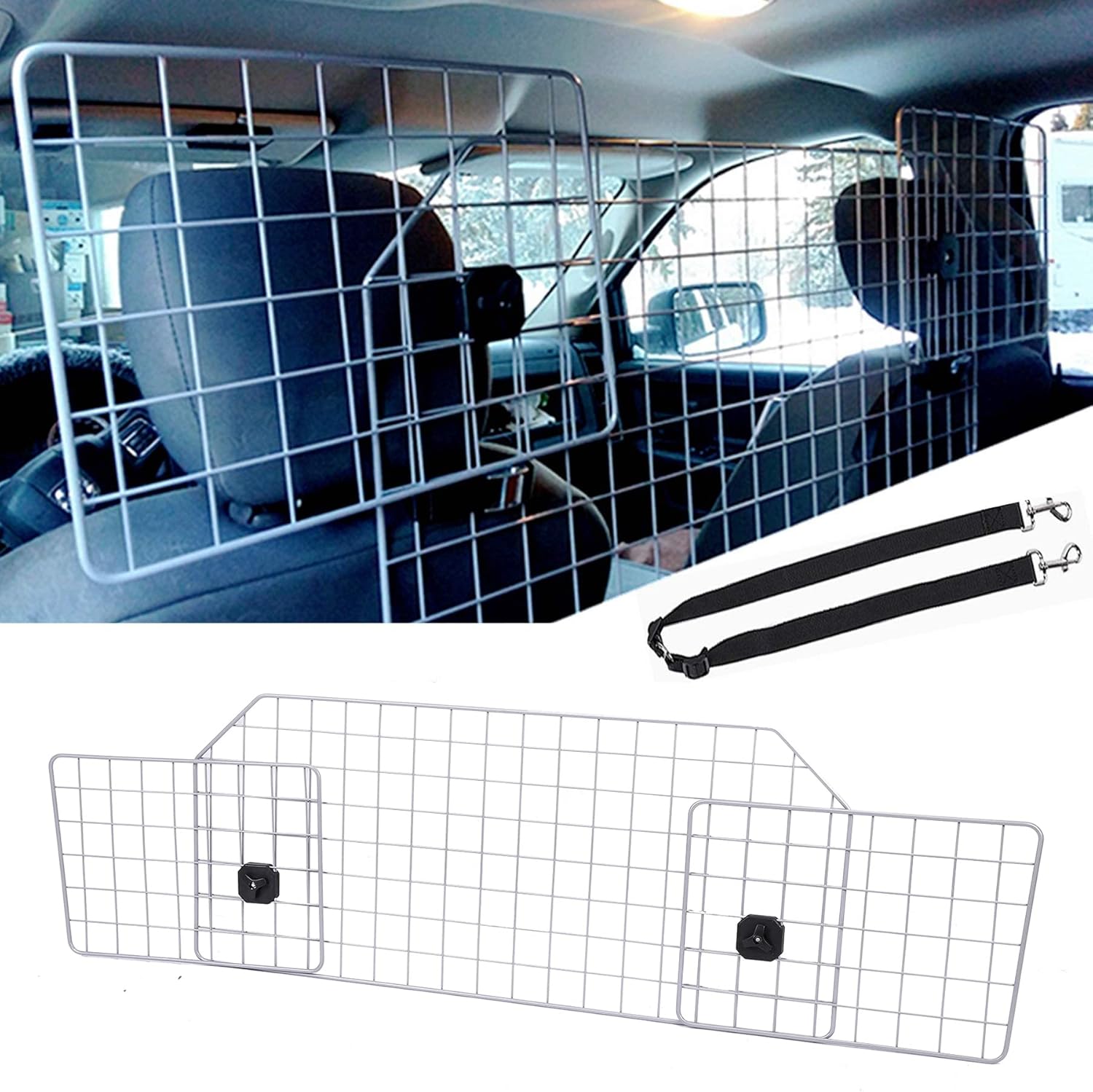 SNUGENS Dog Barrier for SUVs, Cars and Vehicles, Smooth Designed Wire Mesh Pet Barrier, Heavy-Duty Adjustable Dog Car Guard, Safety Car Divider for Cargo Area, Car Gate Fence with Dog Leash