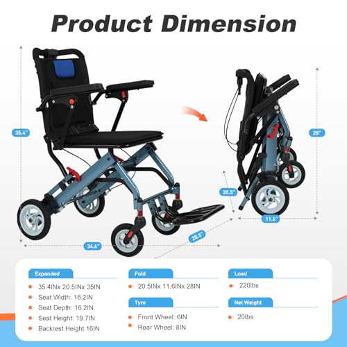 Wheelchairs for Adults, Transport Wheelchair Lightweight Foldable (Only Takes 1S), Ultra Light Wheelchair Equipped with 8IN Honeycomb Tires (Only 20 LBS, Holds 220 LBS)