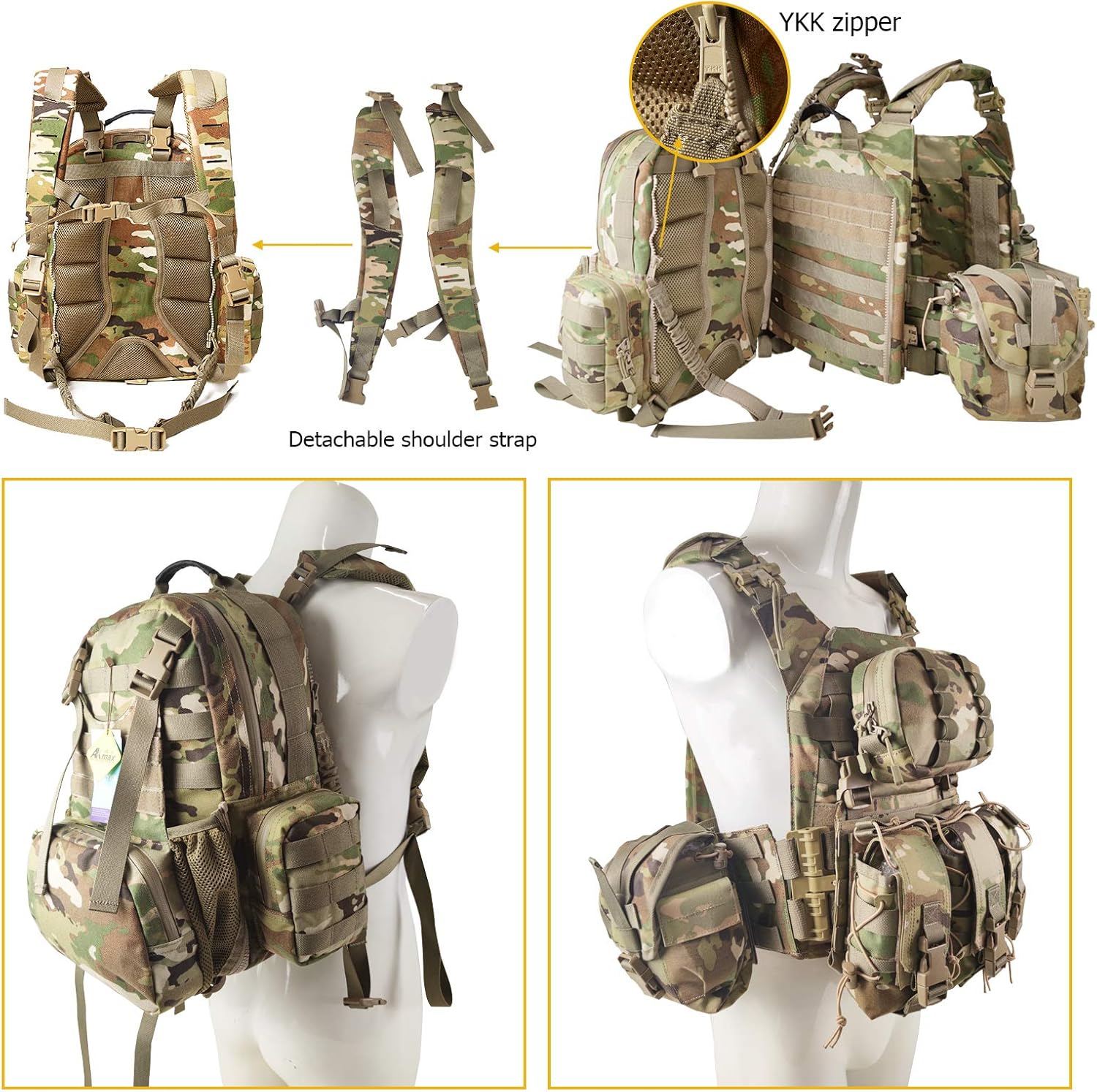 Akmax.cn Military Modular Assault Vest System Compatible with 3 Day Tactical Assault Backpack, OCP Camouflage