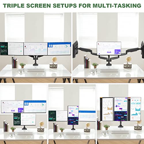 Triple Monitor Mount, 3 Monitor Desk Mount for Three Flat/Curved Computer Screens up to 27 inch, Fully Adjustable Gas Spring Triple Monitor Arms Hold up to 17.6lbs, VESA 75x75/100x100mm