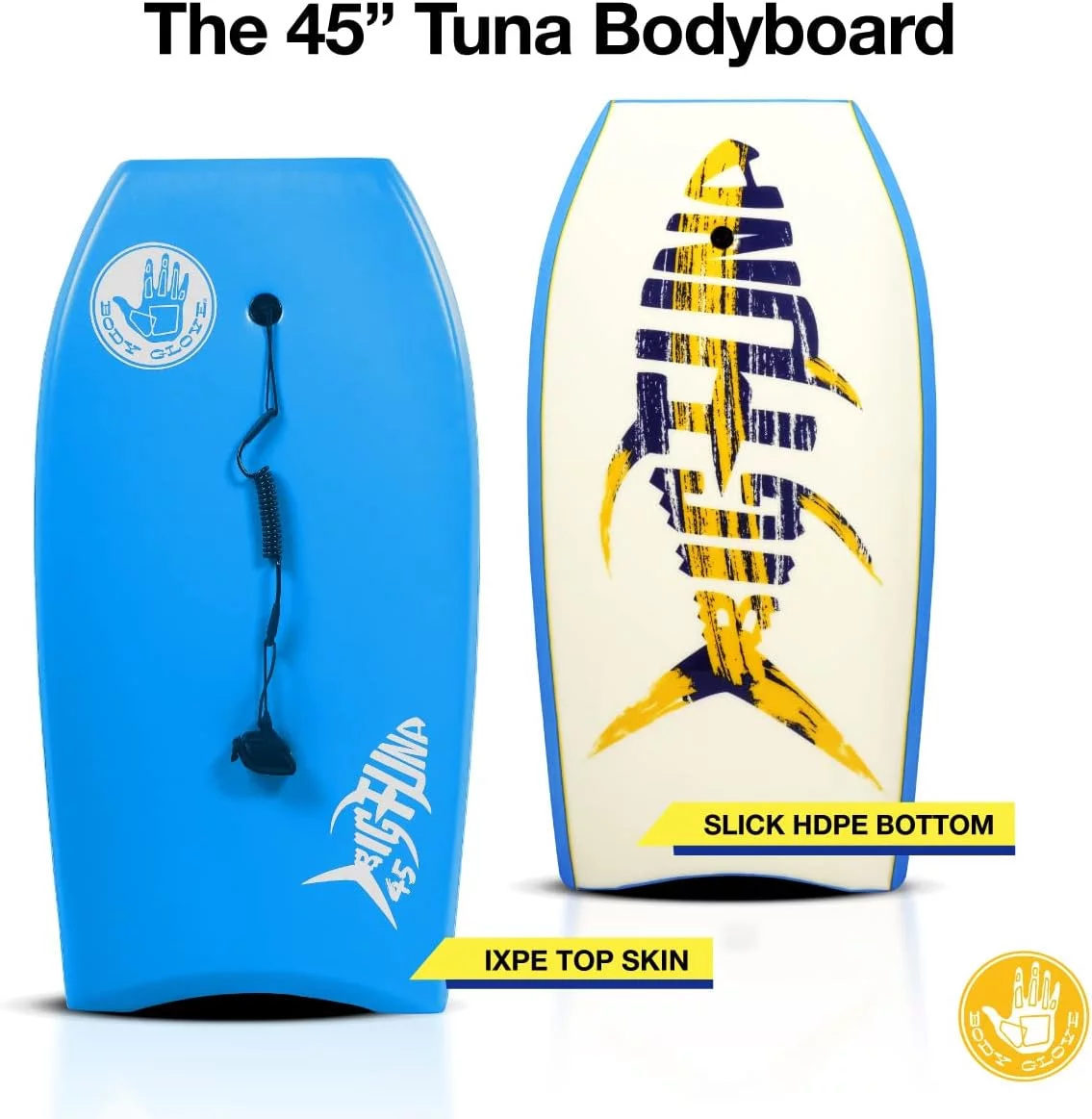 Body Glove Big Tuna 45 inch Large Bodyboard for Tall Riders with Coiled Leash & Wrist Strap - Durable, Light Weight EPS Core with Smooth Top & Slick HDPE Bottom, Blue