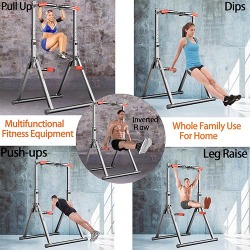 Foldable Power Tower Dip Station Pull Up Bar Station Adjustable Multifunction Fitness Tower Station Training Equipment Home Outdoor, Stable Triangular Structure