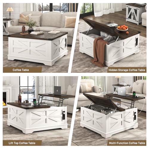 36" Farmhouse Movable Lift Top Coffee Table with Storage and Power Outlets, Square Wood Living Room Tables with Wheels&Large Hidden Space, Lift Wooden Barn Door Center Table, White
