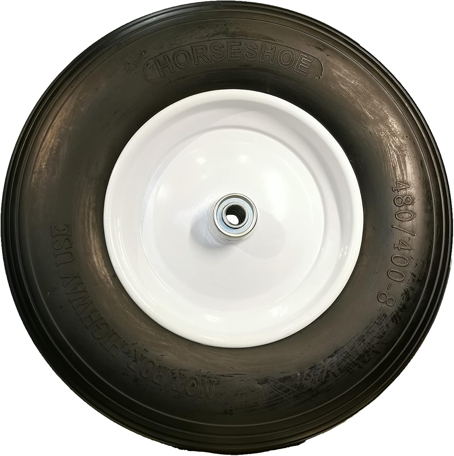 HORSESHOE 2 Pcs New Ribbed 4.80/4.00-8" Flat Free Tire for Wheelbarrow/Cart Universal 16" w/Steel Rim with 5/8" & 3/4" bearing, Hub 3-6 Adjustable