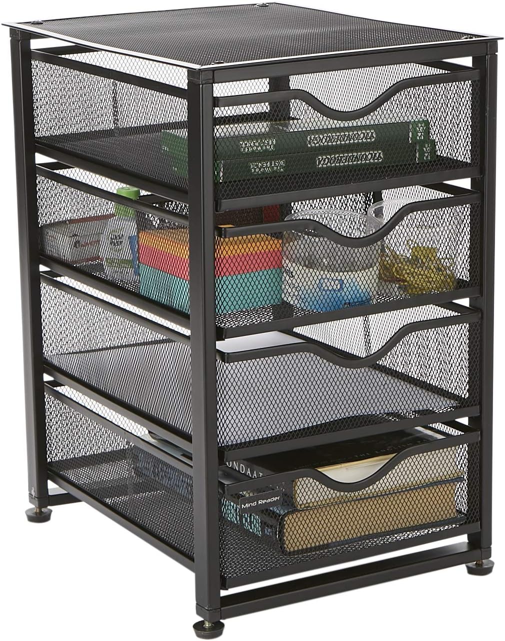 Mind Reader 4-Tiered Drawers Cabinet, Rolling Mesh Office Cart, Metal Storage, Drawers, File Storage Cart, Utility Cart, Office Storage, Heavy Duty Multi-Purpose Cart, Black