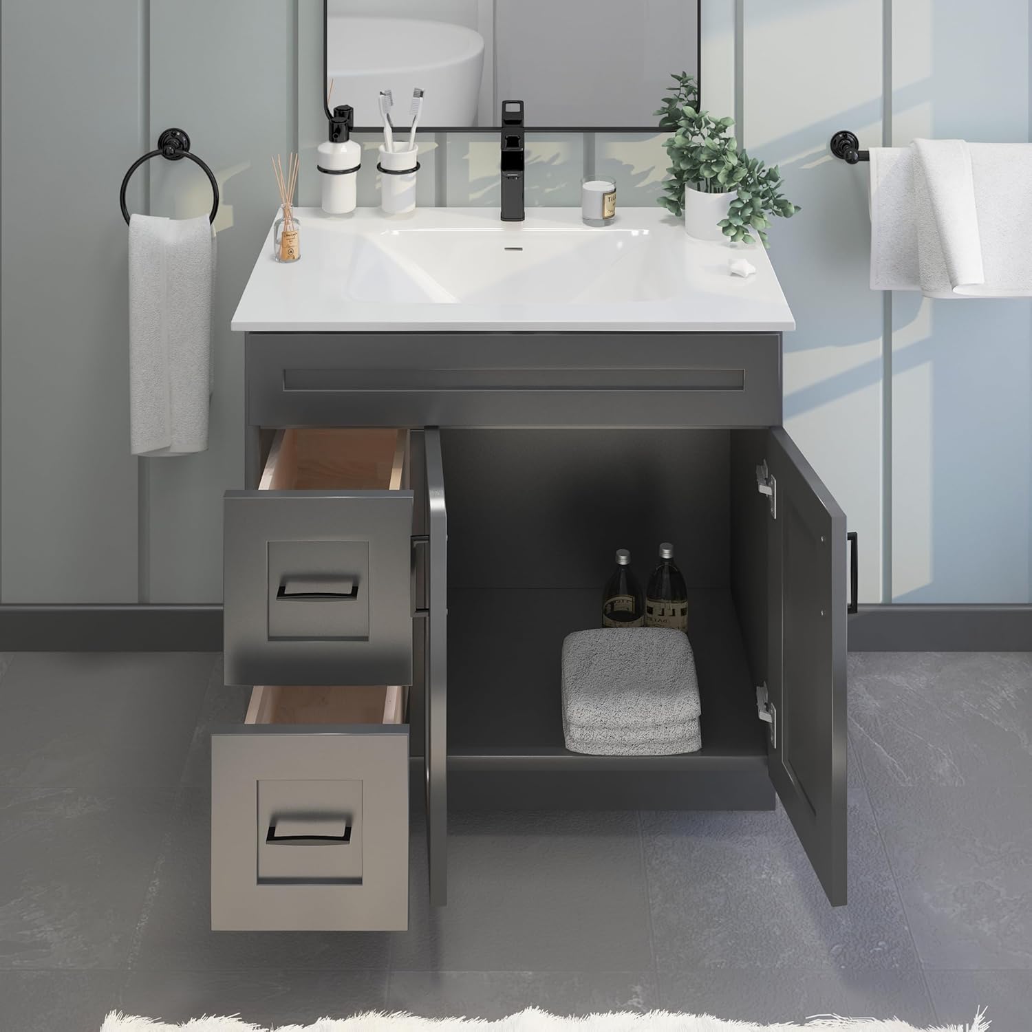 Gray Shaker Bathroom Vanity Sink Base with Drawers 36 in Ready-to-Assemble Cabinet
