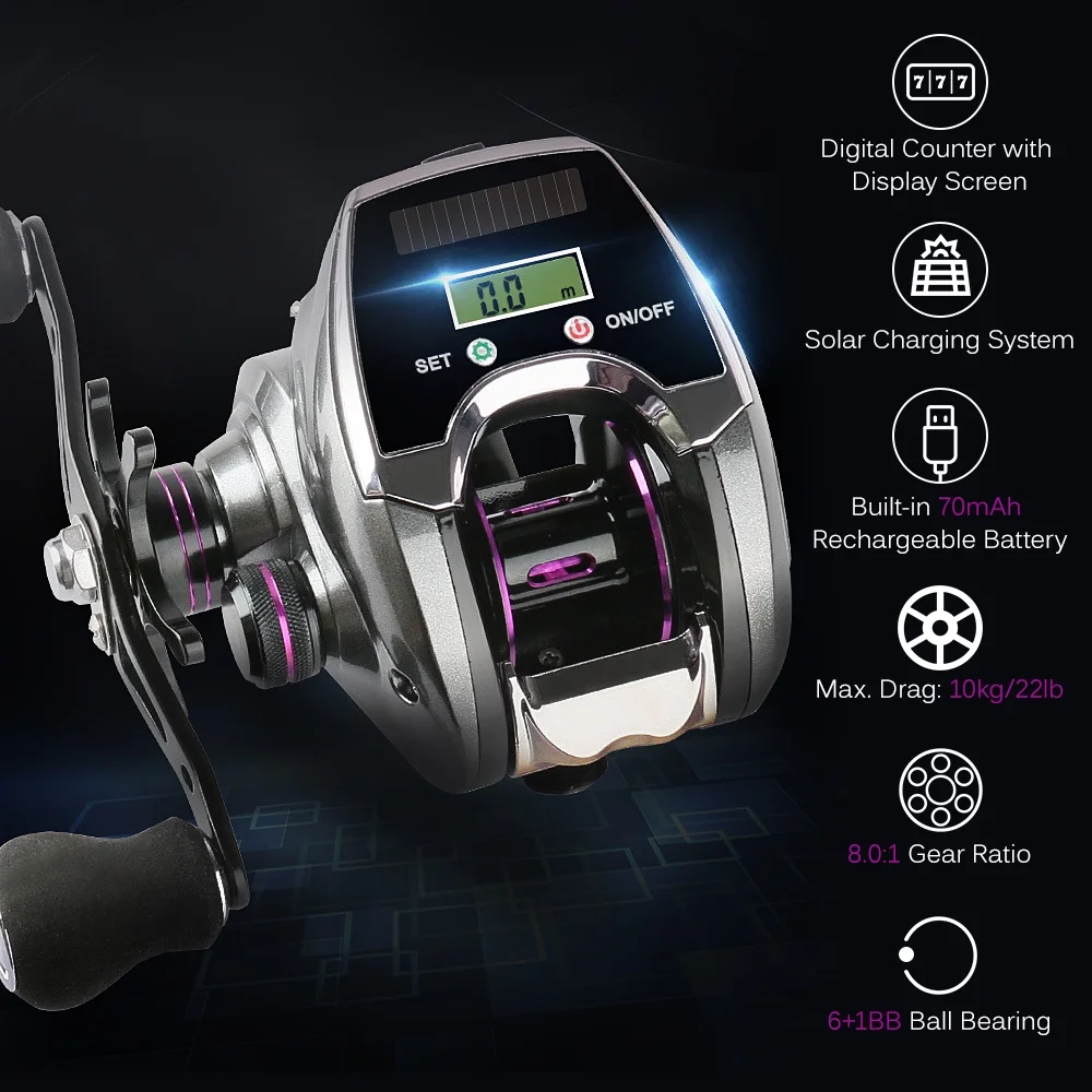 moobody 6+1BB 8.0:1 Ratio Digital Display Baitcasting Reel with Line Counter Solar Charging System High Speed Fishing Reel Tackle Accessories