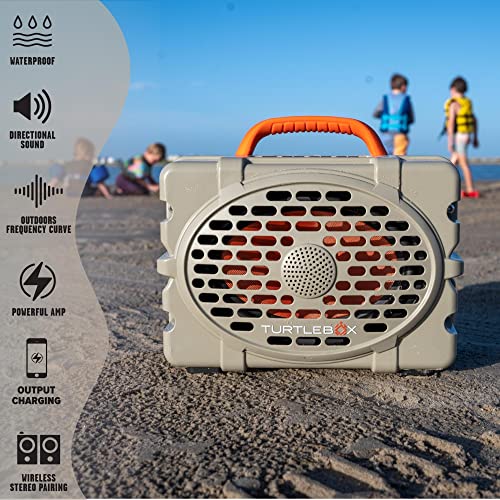 Turtlebox Gen 2: Loud! Outdoor Portable Bluetooth 5.0 Speaker | Rugged, IP67, Waterproof, Impact Resistant & Dustproof (Plays to 120db, Pair 2X for True L-R Stereo), Field Tan
