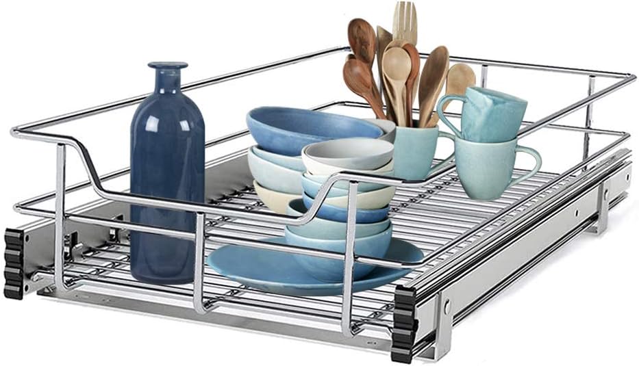 STORKING 2 Tier Wire Basket Pull Out Organizer Shelf Sliding Drawer Storage for Kitchen Base, Double-Tier Heavy Duty Cabinets Chrome-Plating, 15”W x 24”D Cabinet Opening Wire Frame Plating Finish
