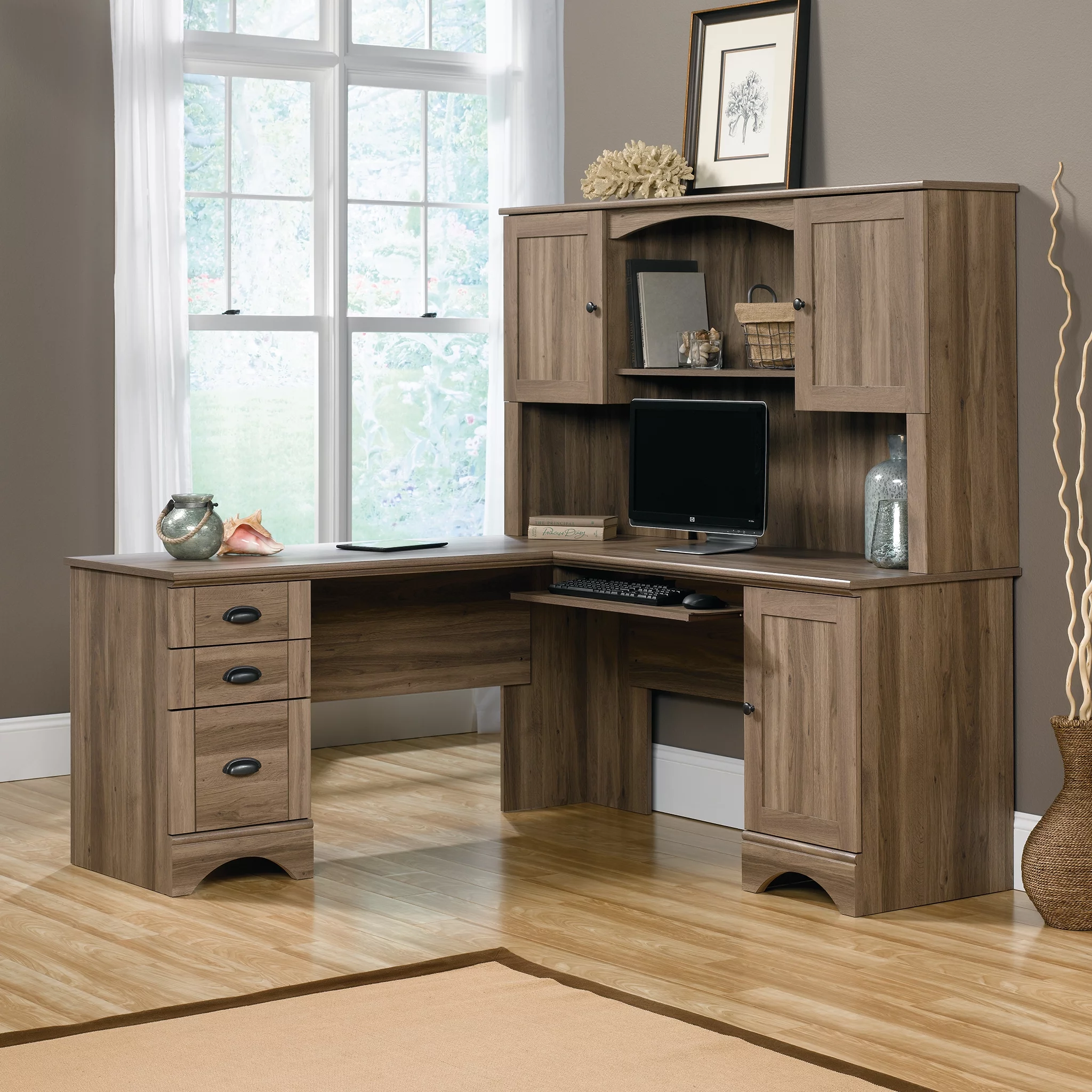 Sauder Harbor View L Shaped Computer Desk with Storage in Salt Oak