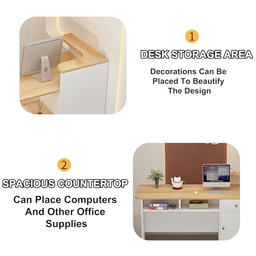 Front Desk Reception Counter, Retail Checkout, Modern Cashier Cabinet, Wooden Cashier Counter with Storage Space for Clothing Salon Shop Hotel(White+Grey+Right High)