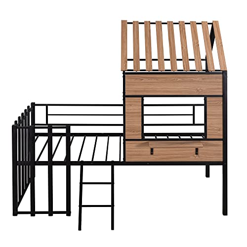 Harper & Bright Designs Kids House Beds Low Loft Bed Frame with Roof, Window, Guardrail and Ladder, Metal Twin Size Loft Bed for Kids Teens Girls Boys (Twin, White)