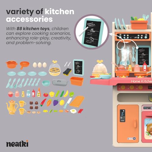 Kids' Play Kitchen Set, 27.95 x 11.22 x 36.81 Inch, 65-Piece Toy Kitchen Playset with Functional Faucet, Realistic Steam Effects, Lights and Sounds, and Other Kitchen Accessories (Blue)
