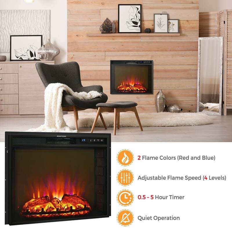 26′′ 1500W Electric Fireplace Insert, Recessed Electric Fireplace Heater with Adjustable Flame Effect