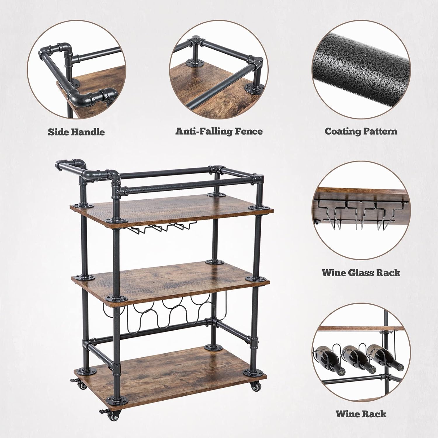 AA Products Inc. Industrial Bar Cart for Home, 3-Tier Bar Serving Cart with Wheels, Lockable Casters, Beverage Cart with Wine Rack and Glass Holder