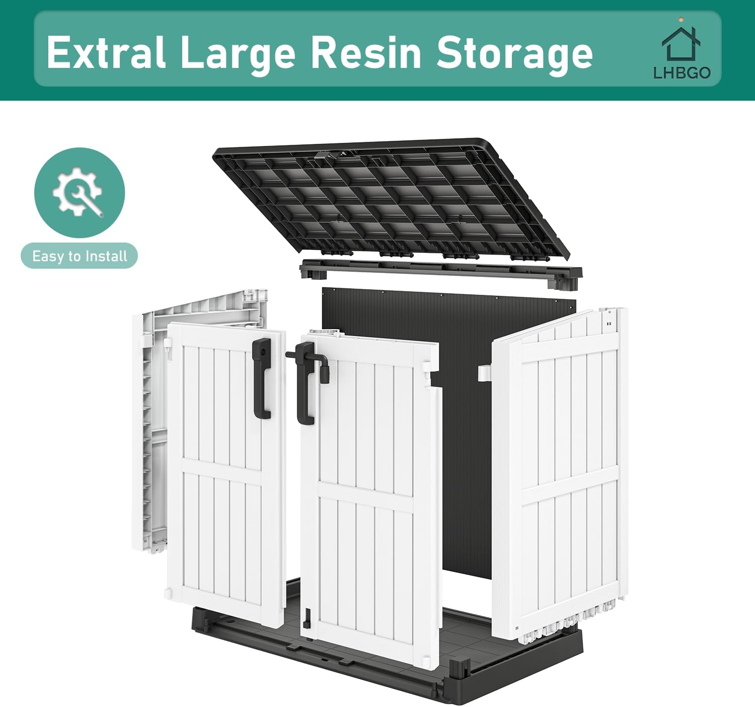Outdoor Storage Shed 36 Cu. Ft.Horizontal Garden Storage Extra Large Capacity Weather Resistant Storage Box, Lockable Resin Waterproof Shed for Bike, Garbage Cans, Lawnmowe, Garden Tools