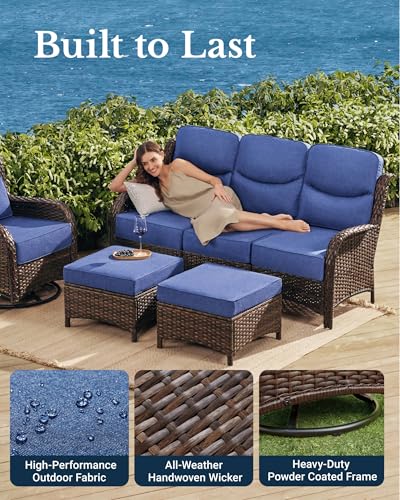Luxury Patio Furniture Set with 6-inch Thick Cushion, Outdoor Couch and High Back Swivel Rocker Patio Chairs, 7PCS Wicker Conversation Set for Deck, Yard, and Poolside in Blue (V2)