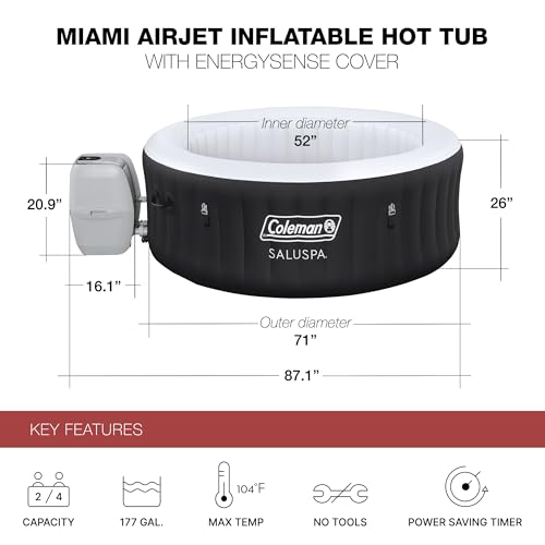 Coleman SaluSpa Miami AirJet 2 to 4 Person Round Inflatable Hot Tub Portable Outdoor Spa with 120 Soothing AirJets and Insulated Cover, Black
