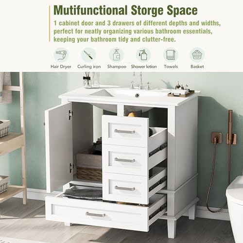 Harper & Bright Designs 30" Bathroom Vanity with Sink, Free Standing Single Basin Vanity Set with a Soft Closing Door and 3 Drawers, Solid Wood Bathroom Cabinet with Ceramic Basin for Bathroom, Green