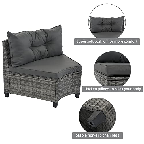 P PURLOVE 8 Piece Half Moon Sectional Round Patio Furniture Set, Outdoor Sectional Sofa Couch, Wicker Sofa Set with Washable Cushions and Glass Rectangular Coffee Table, for Garden, Backyard, Beige