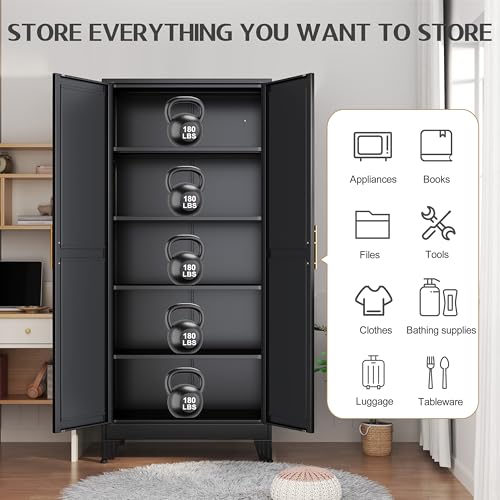 75.2" Tall Metal Pantry Cabinet, Storage Cabinets with 4 Door and 4 Adjustable Shelves, Black Kitchen Pantry Storage Cabinet, Freestanding Cupboard for Kitchen Dining Room Living Room Bathroom