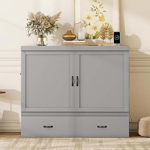 Queen Size Murphy Bed with Shelves and LED Lights, Foldable Wood Wall Bed Frame with Flexible Slats Support, Can Be Folded Into Cabinet for Guest Room Bedroom Office,Space-Saving (White-AB39)