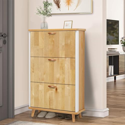 3 Drawer Shoe Cabinet, Artistic Shoe Cabinet, Maple Wood Butcher Block Wood Shoe Rack Organizer for Entryway Slim (31.5”W x 9.45”D 46”H)
