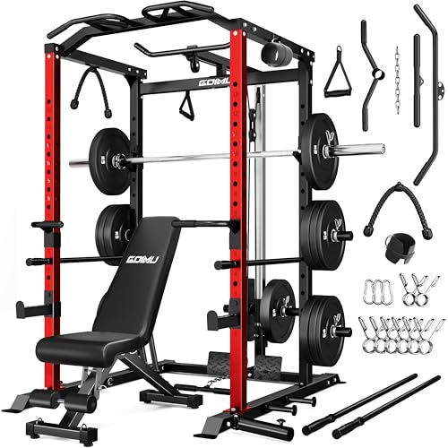 C1-V4 Power Cage, 2000LBS Squat Rack with LAT Pulldown, Multi-Function Weight Cage Strength Training Machine, Workout Cage with More Attachments for Home Gym Garage