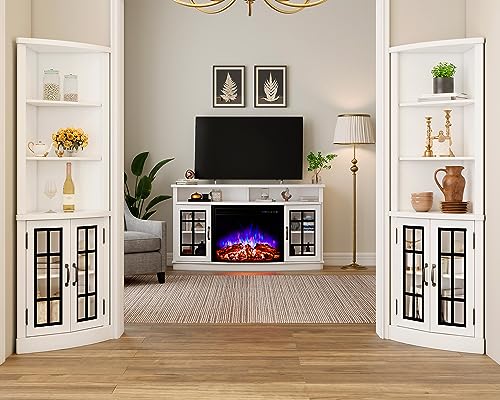 AMERLIFE Curved Corner Storage Cabinet, 65" Tall Freestanding Bookcase with Glass Doors & Adjustable Shelves, 5-Tier Corner Display Cabinet for Living Room, Bathroom, Laundry Room, Washed Grey