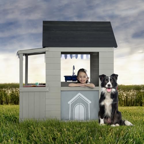 Delta Children MySize Deluxe Outdoor Playhouse with Play Sink with Running Water, Picnic Table & Mailbox – Premium Wooden Cedar Playhouse for Kids, Grey