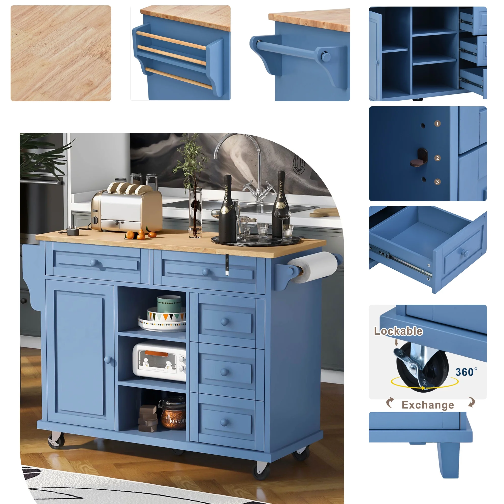 Hombay Mobile Kitchen Island Cart with Doors Drawers, Rolling Sideboard Storage Cabinet Trolley, Towel Holder, Spice Rack with Lockable Wheels