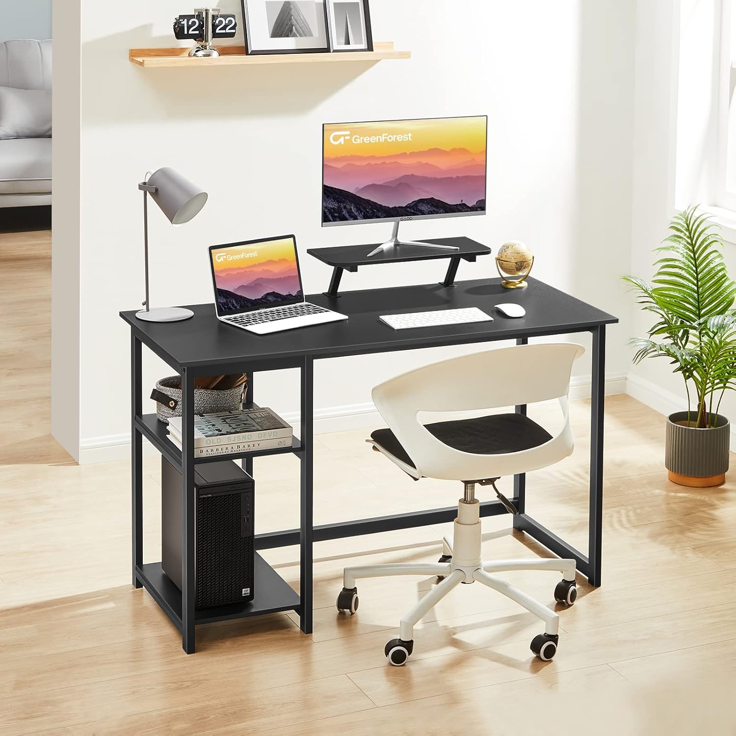 GreenForest Computer Desk with Monitor Stand,39 inch Computer Desk with Storage Printer Shelf Reversible 58 inch Black