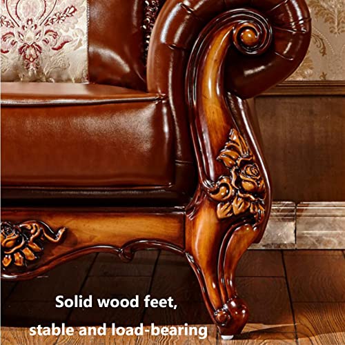 European-Style Leather Sofa, Solid Wood Carved High-end American-Style Sofa Villa Living Room Furniture Suitable for Villa Living Room with Pillows Stool
