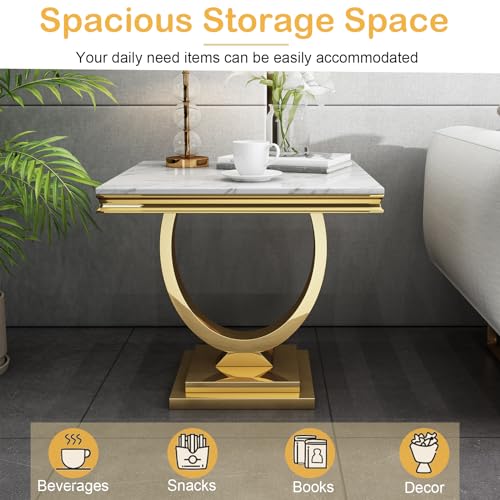 47" White Marble Coffee Table, Modern Rectangular Faux Marble Coffee Table with Silver Mirrored Stainless Steel Pedestal, Elegant Cocktail Center Table Sofa Table for Living Room