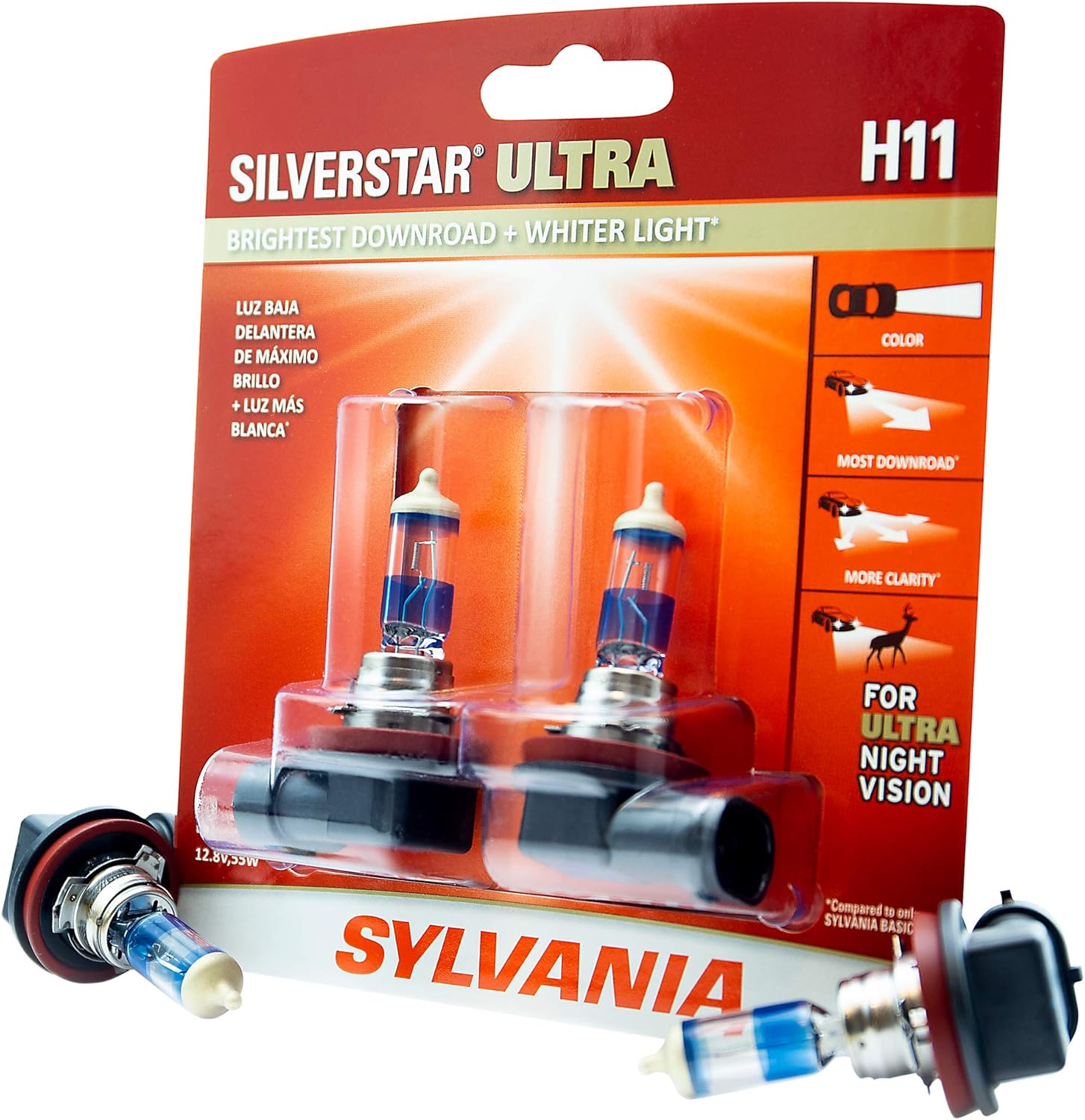 SYLVANIA - H11 SilverStar Ultra - High Performance Halogen Headlight Bulb, High Beam, Low Beam and Fog Replacement Bulb, Brightest Downroad with Whiter Light, Tri-Band Technology (Contains 2 Bulbs) Pack of 2
