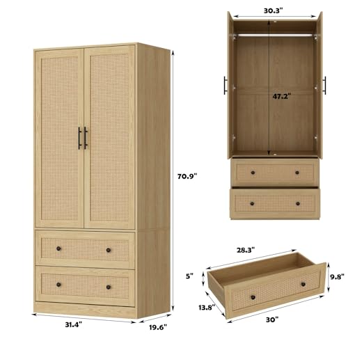 FAMAPY 2 Rattan Door Wardrobe Closet with 2 Drawers and Shelves, Farmhouse Armoire Wardrobe Closet with Hanging Rod, Black Metal Handles, Closet for Bedroom Oak (31.5”W x 19.7”D x 70.9”H)