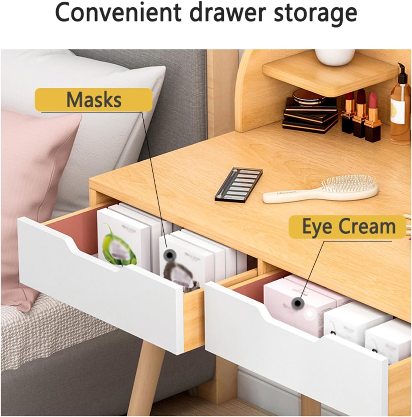 Fashion Makeup Vanity with Mirror, Vanity Desk with Open & Hidden Storage Shelves as, Makeup Dressing Vanity Table Set with 2 Large Drawers for Women Girls
